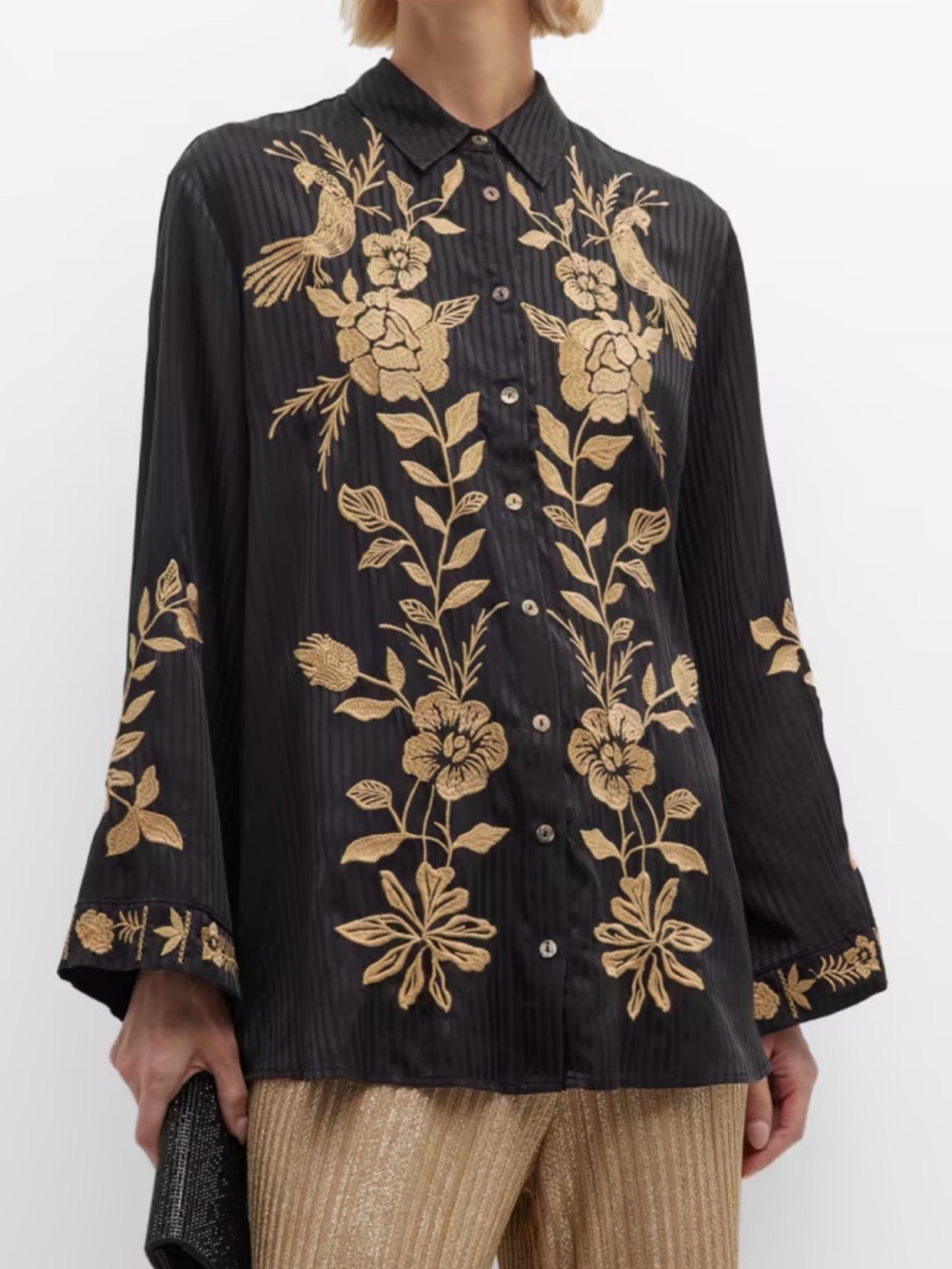 Johnny Was Workshop Martina Embroidered Silk Tunic Shirt Black Gold XL